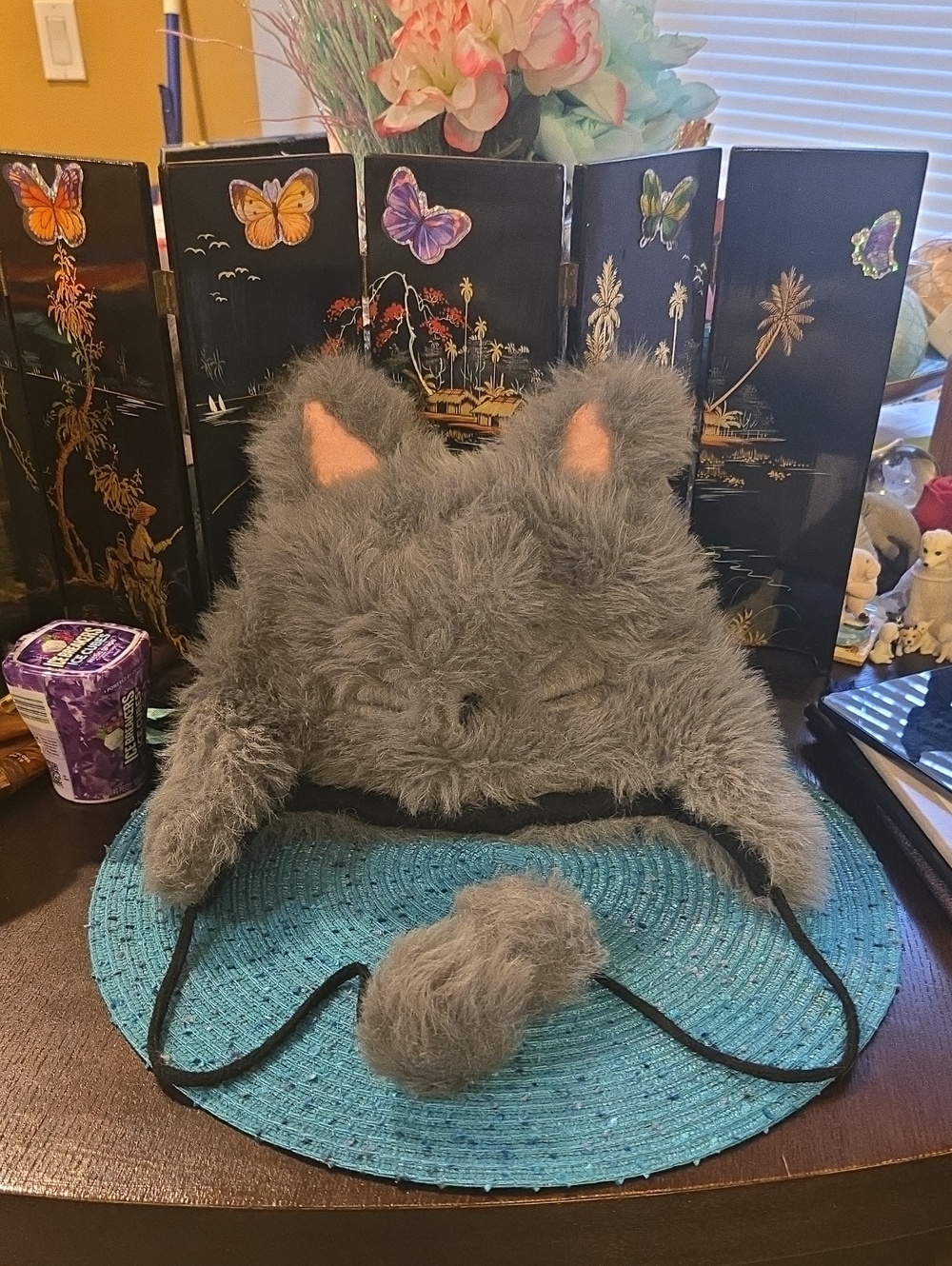 Plush Gray Faux Fur Kids Animal Hat with Ear Flaps and Pom